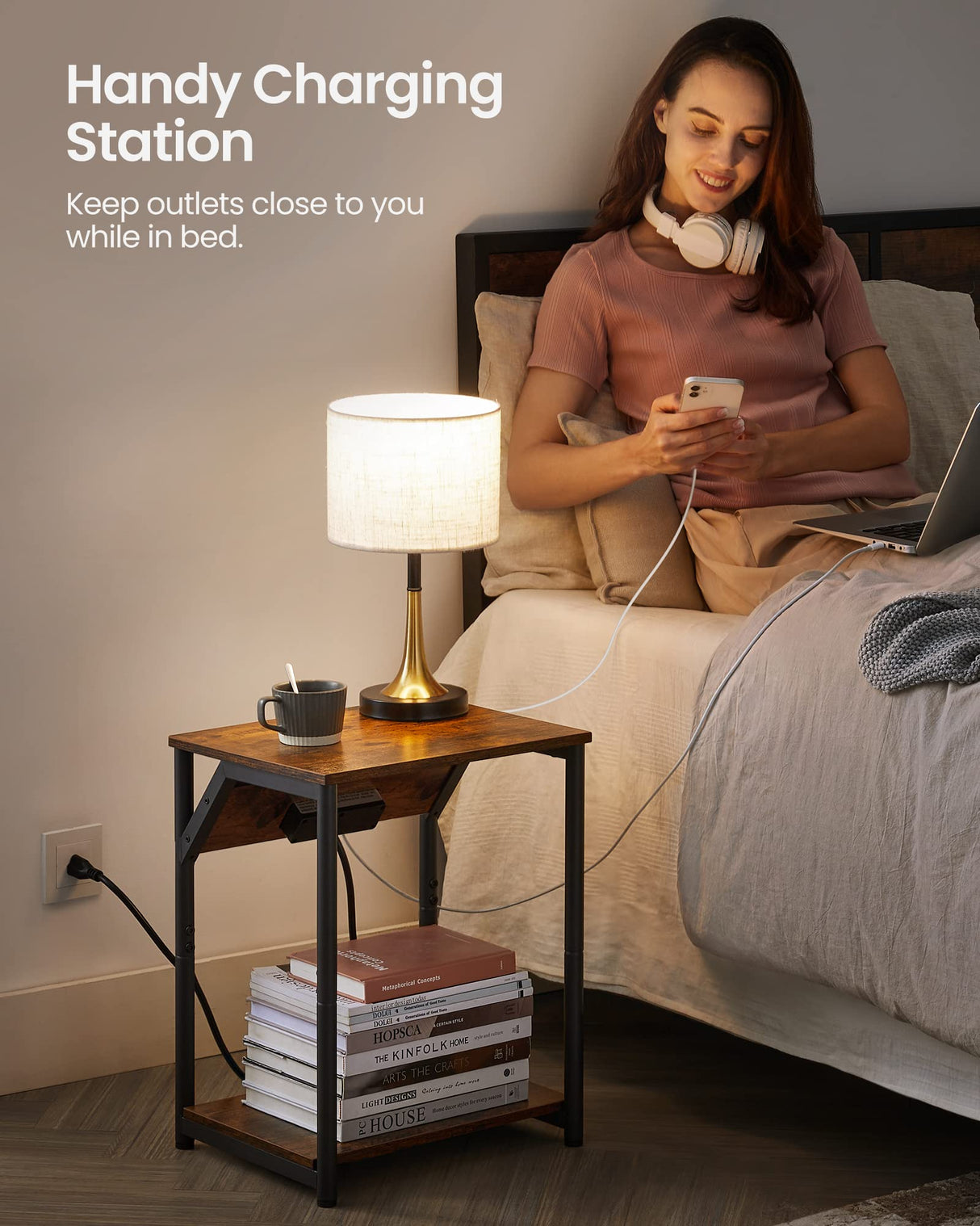 VASAGLE End Table with Charging Station, Small Side Table for Living Room, Bedroom, Nightstand with Outlets and USB Ports, Bedside Table with Storage Shelf, Rustic Brown and Black VASAGLE