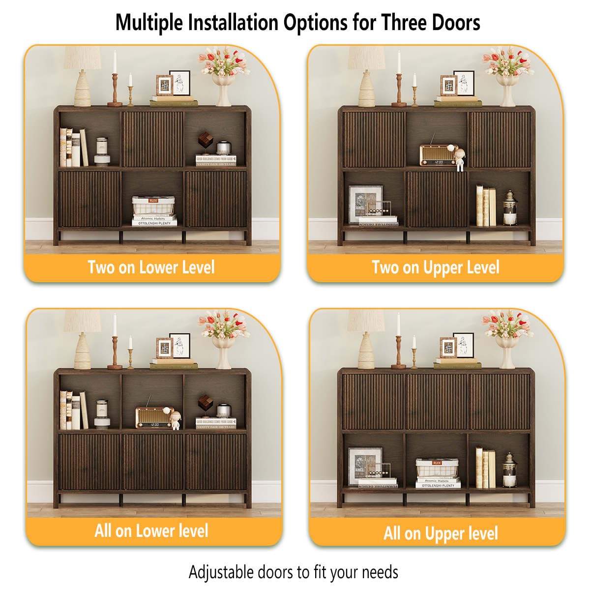 FATORRI 6 Cube Storage Organizer Book Shelf, Horizontal Bookshelf with 3 Doors, 3 Tier Wooden Bookcase for Living Room, Home Office (Dark Walnut) FATORRI