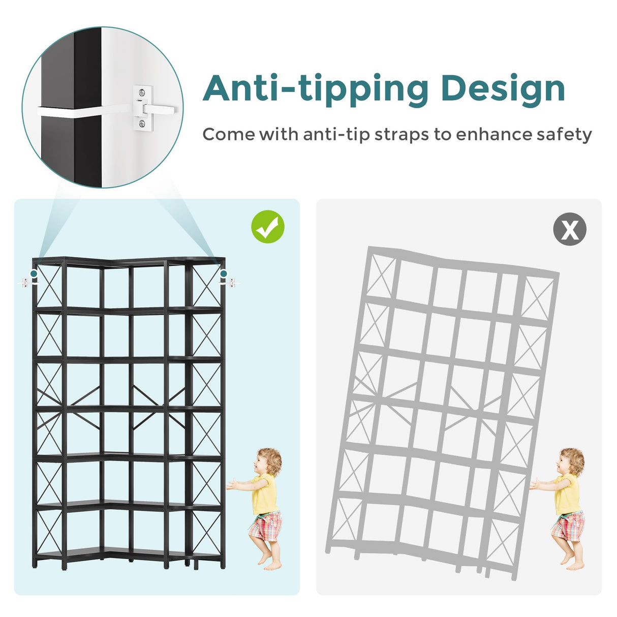 Condemo 7-Shelf Reversible Corner Bookshelf, Modern Industrial Tall Bookcase, 7-Tier Large L-Shaped Storage Shelf Display Rack with Metal Frame for Living Room, Home Office, Bedroom, Black Condemo