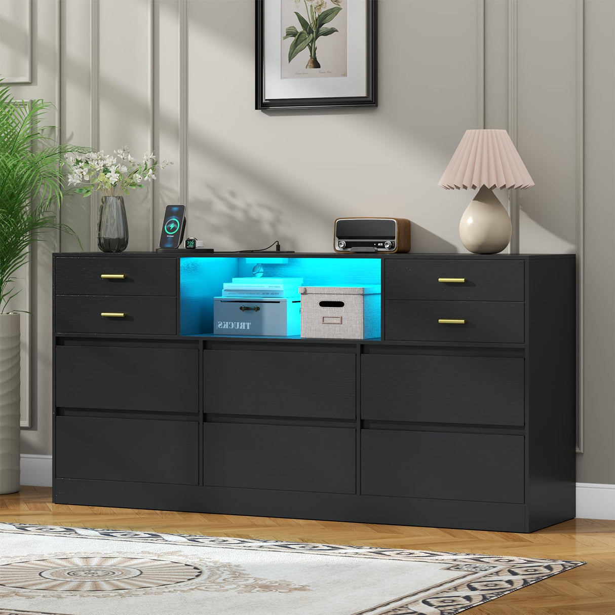 Loomie Upgraded 10 Drawer Black Dresser with Charging Station & Led Lights for Bedroom, 58" Long Triple Wide Dresser TV Stand for TVs up to 65", Wide Chest of Drawer, Large Dressers Organizer wCubby Loomie