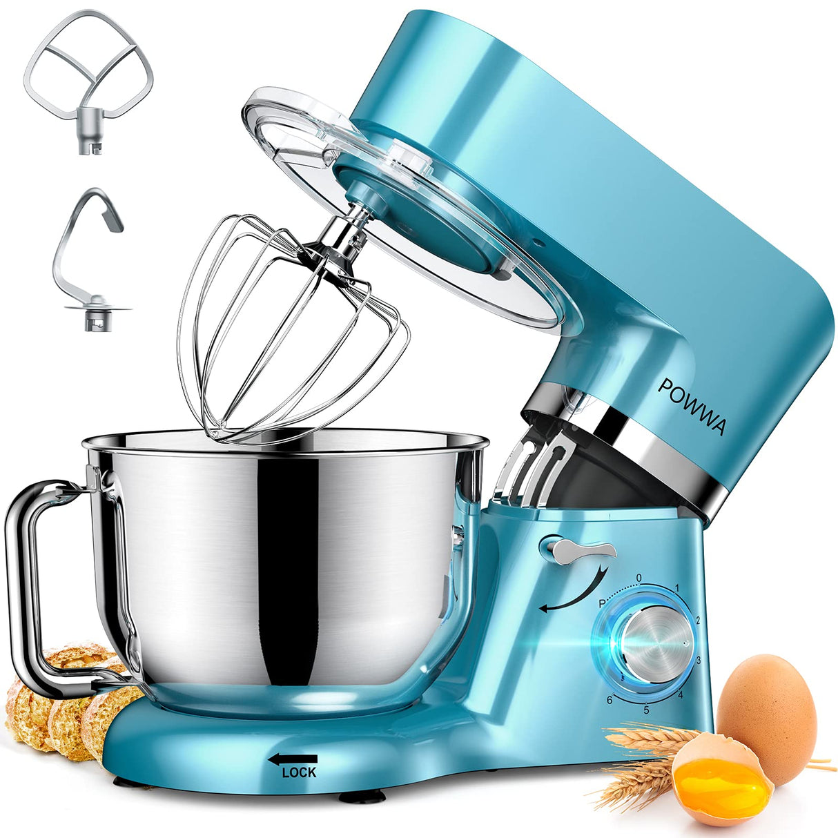 Stand Mixer, POWWA 7.5 QT Electric Mixer, 6+P Speed 660W Household Tilt-Head Kitchen Food Mixers with Whisk, Dough Hook, Mixing Beater & Splash Guard for Baking, Cake, Cookie, Kneading (Blue) POWWA