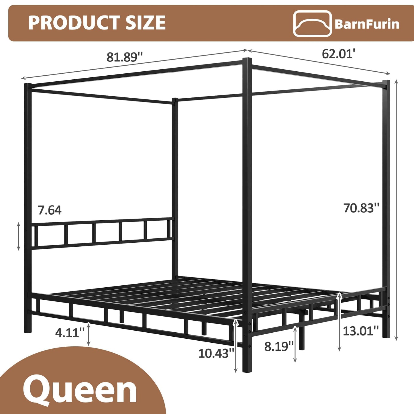 Queen Canopy Bed Frame with Headboard and Footboard, Mattress Foundation Platform with Metal Slats Support, No Box Spring Needed, Easy Assembly, Black