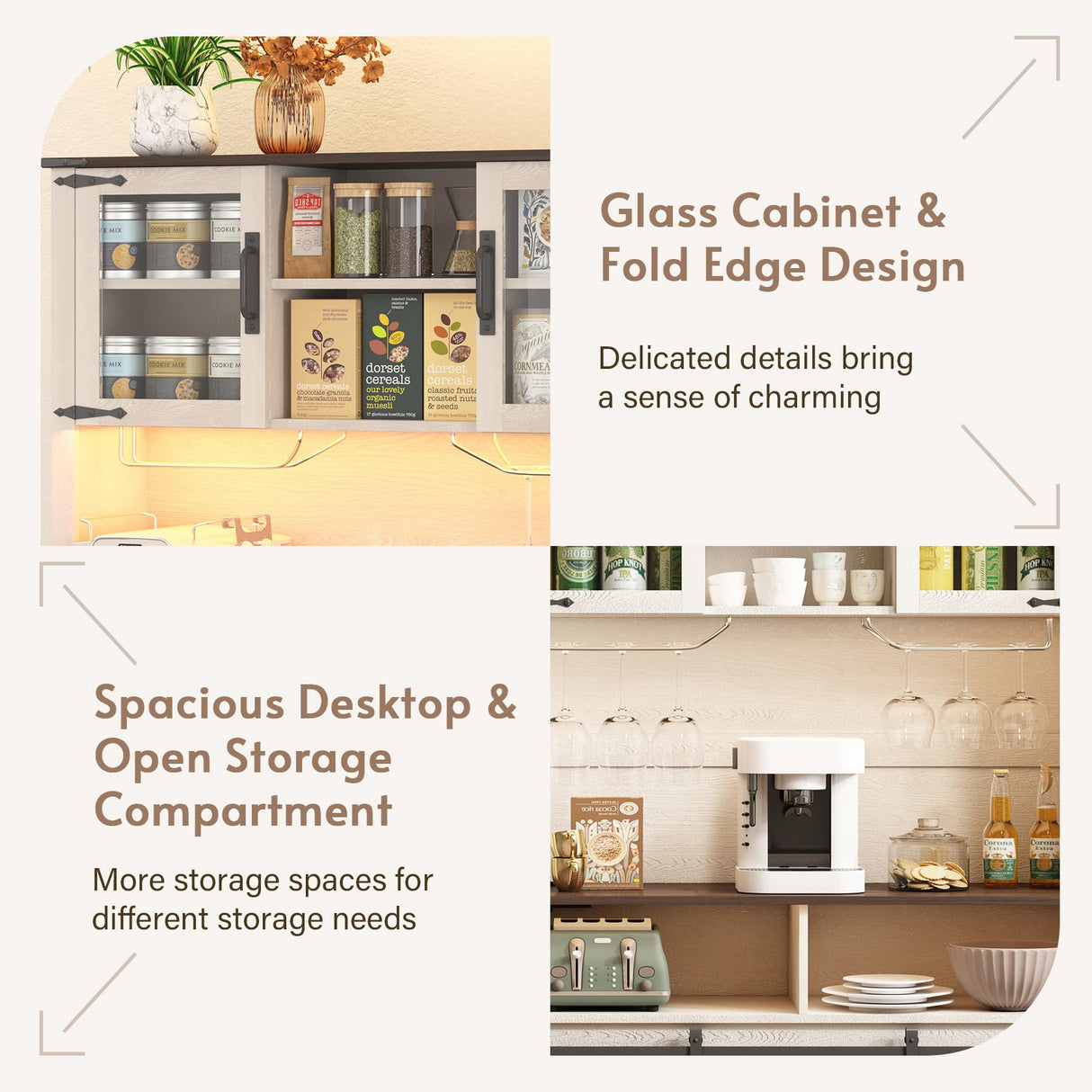 GlouMod Farmhouse Coffee Bar Cabinet with Sliding Barn Door, 70" Tall Kitchen Hutch China Cabinet w/Wine Rack, Power Outlet & Lighting, Liquor bar Station Food Pantry Storage Cabinet for Home, White GlouMod