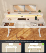 OffiGo Electric Standing Desk with Drawers, 63 Inch Height Adjustable Desk with Power Outlets & LED Lights, Sit Stand Table with Monitor Stand for Home, Office, Workstation, White OffiGo