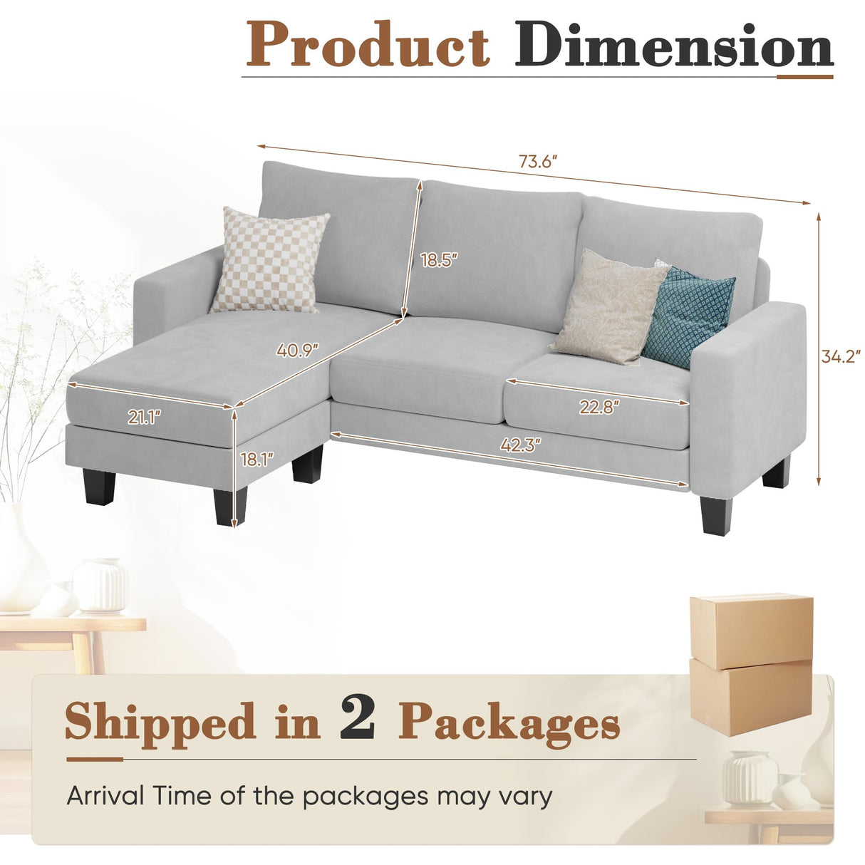 Homall Sofa for Living Room, Couch with Convertible Chaise, 3 Seat L-Shaped Sofas, Comfy Fabric Couches for Apartment, Small Space, Pale Gray Homall