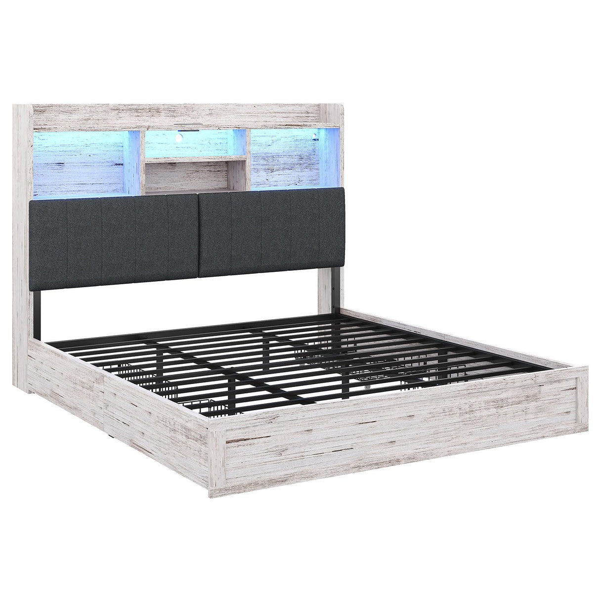 AMERLIFE King Size Bed Frame with 51.2" Tall Bookcase Headboard, Farmhouse Platform Bed with 4 Storage Drawers, Linen Upholstered, Charging Station & Storage, Rustic White AMERLIFE