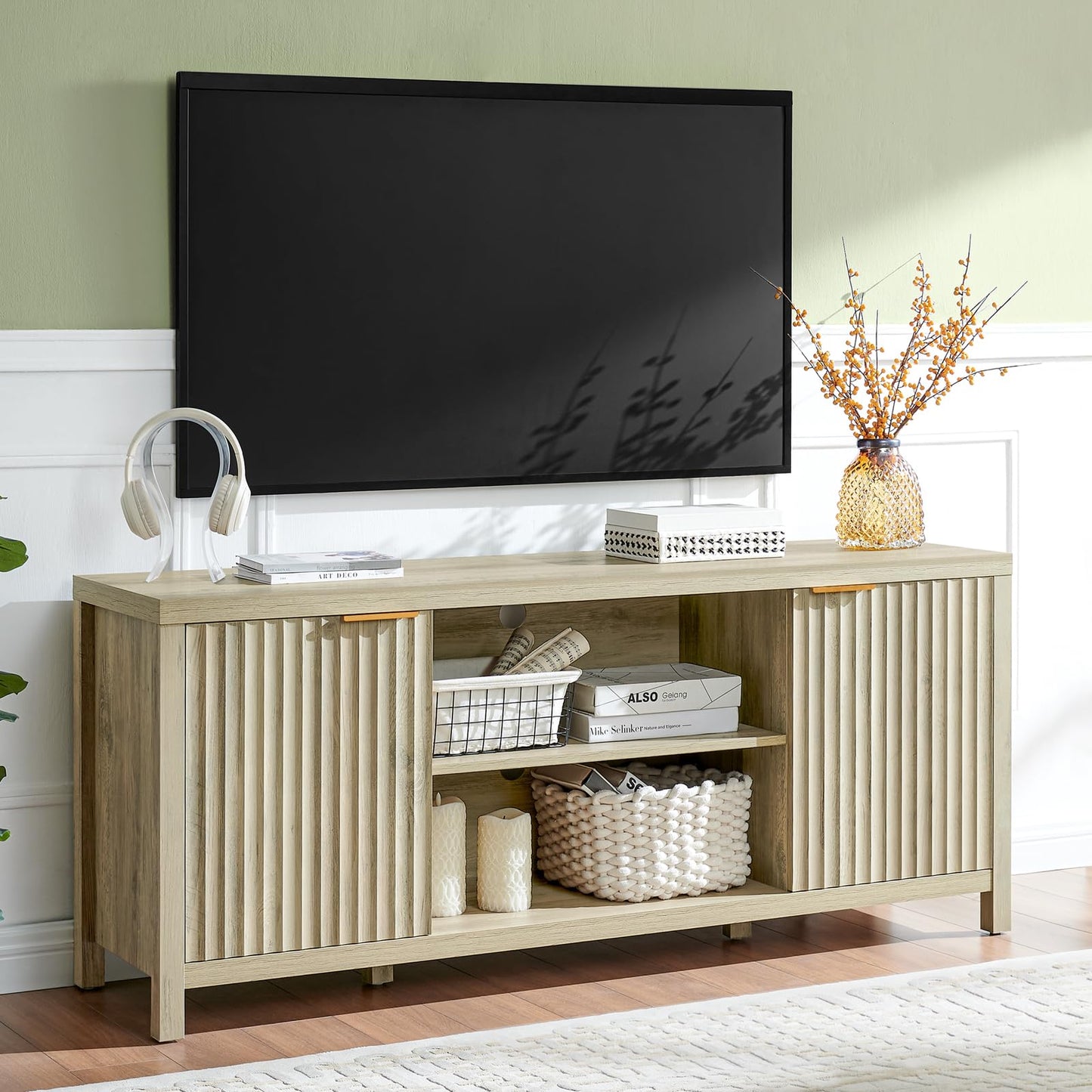 OAKHAM HOME Fluted TV Stands for Living Room, Heavy Duty Entertainment Center with Storage, Mid Century Modern Television Stands for 60/65/70/75 TV, Oxford Media TV Console (Large,Sunwashed Ash Oak)