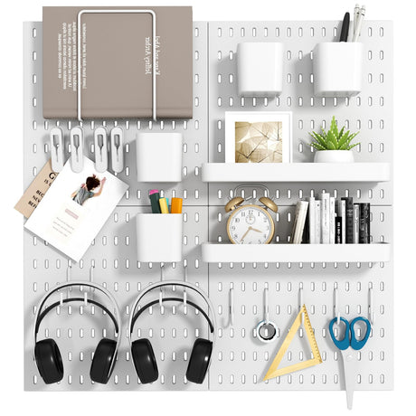 VEOFEMLEA Peg Board Combination Kit, 4 Pegboards with 20 Accessories, Pegboard Wall Organizer for Office, Nursery & Home Storage, Key Holder, 25.6"x25.6" – Nail-Free Installation（White） VEOFEMLEA