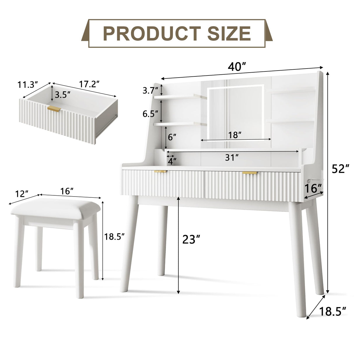 Einhomn Vanity Desk with Mirror & LED Lights, Fluted Makeup Table Set with Power Outlet & Hair Dryer Rack, Modern Dressing Table with Drawers & Adjustable Shelves, Cushioned Stool for Bedroom, White Einhomn