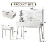 Einhomn Vanity Desk with Mirror & LED Lights, Fluted Makeup Table Set with Power Outlet & Hair Dryer Rack, Modern Dressing Table with Drawers & Adjustable Shelves, Cushioned Stool for Bedroom, White Einhomn