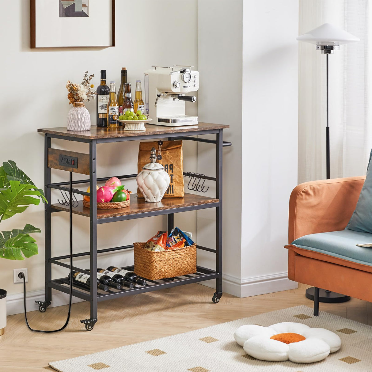 IBUYKE Kitchen Island with 3 Shelves, Island Table for Kitchen with Power Outlet,Kitchen Cart with Large Worktop,Rolling Bar Cart for Home, Outdoor, Kitchen TMJ024H IBUYKE