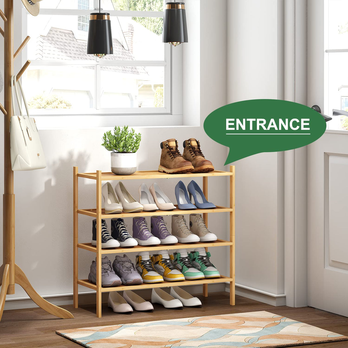 kiplant 4-Tier Shoe Rack for Entryway, Bamboo Wood Shoe Rack 4-Tier, Stackable Shoe Organizer for Closet, Free Standing Shoe Racks for Indoor & Outdoor kiplant