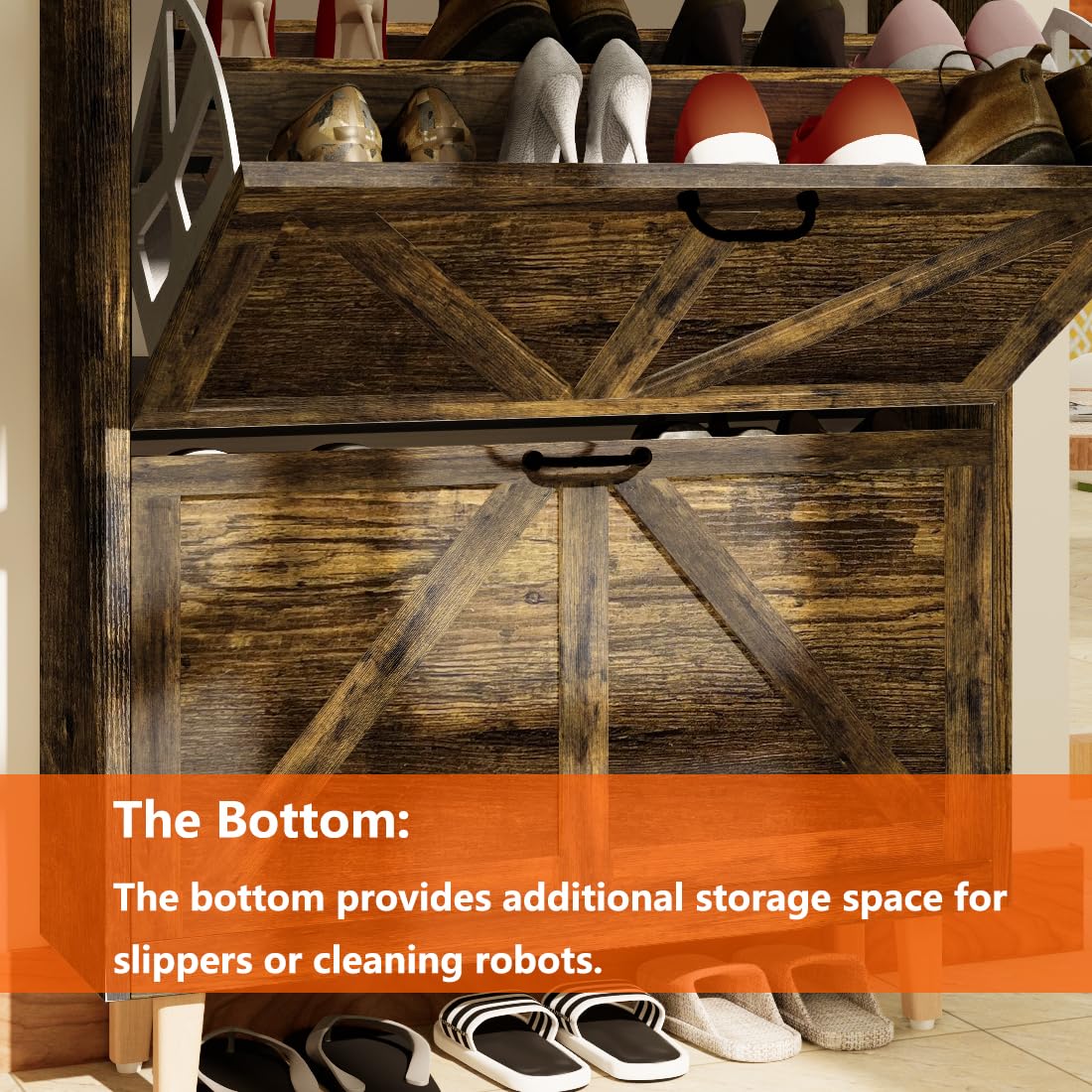 JOKOLO Shoe Cabinet Storage,Farmhouse Freestanding Organizer with 2 Flip Drawers and 4 Wooden feet,Narrow Shoe Rack Cabinet for Entryway,Rustic Brown JOKOLO