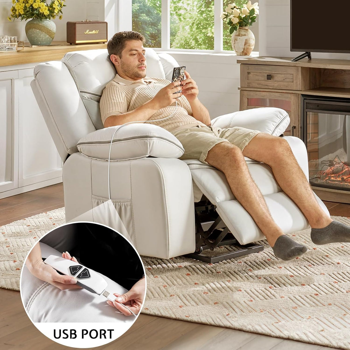 Jocisland Oversized Power Lift Recliner Chairs for Adults, Electric Lazy Boy Recliners for Elderly with USB Port, Large Lay Flat Reclining Sofa for Living Room Bedroom, Faux Leather, White Jocisland