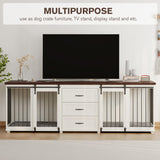 Dog Crate Furniture - Farmhouse Wooden Dog Kennel with Double Sliding Barn Doors & 3 Drawer, 95”x23”x32”H, White MOWPEX