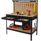 Heavy-Duty Steel Workbench with Drawer and Peg Board, Garage Work Bench with Storage, Workshop Tools Table with LED Light,4xAC outlets 2xUSB Ports HEIGHYOXP