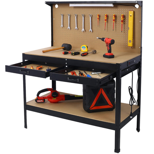 Heavy-Duty Steel Workbench with Drawer and Peg Board, Garage Work Bench with Storage, Workshop Tools Table with LED Light,4xAC outlets 2xUSB Ports - WoodArtSupply