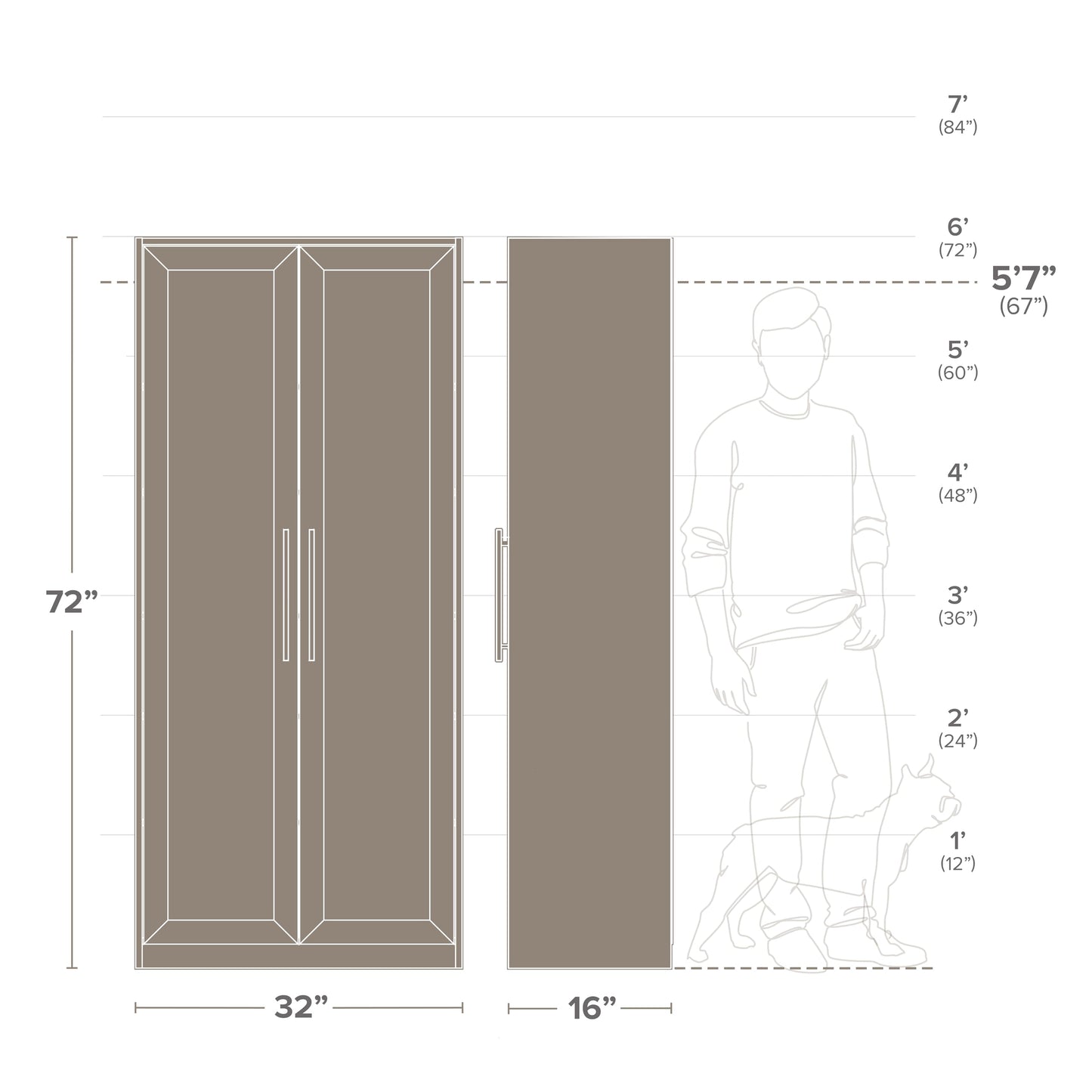 Prepac Elite Premium Home Doors, Storage, Bathroom, Pantry Cabinet with 5 Shelves, 16" D x 32" W x 72" H, White