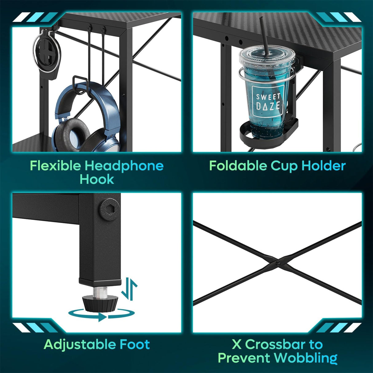 Bestier 55 inch Gaming Desk with Power Outlets & LED Lights, Computer Desk with Monitor Stand & Adjustable Shelves, Home Office Desk with Cup Holder & Hook, Black 3D Carbon Fiber Bestier