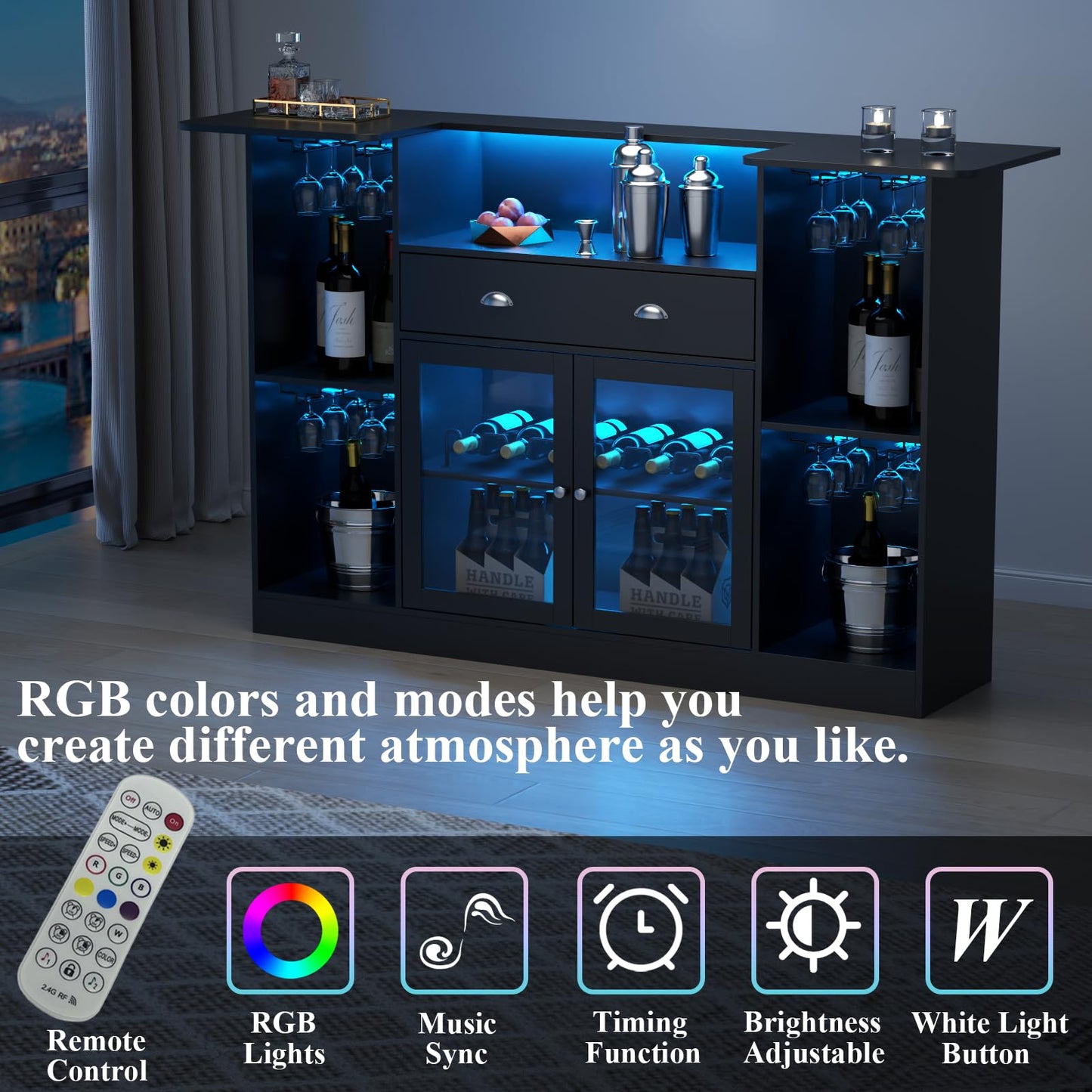 Loomie Crescent-Shaped LED Bar Cabinet with Drawer & Adjustable Wine Rack - WoodArtSupply