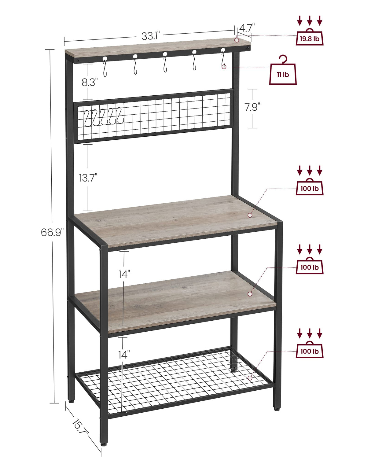 VASAGLE Bakers Rack, Coffee Bar, Kitchen Storage Shelf Rack with 10 Hooks, 3 Shelves, Adjustable Feet, for Microwave Oven, 15.7 x 33.1 x 66.9 Inches, Industrial, Greige and Black UKKS017B02 VASAGLE
