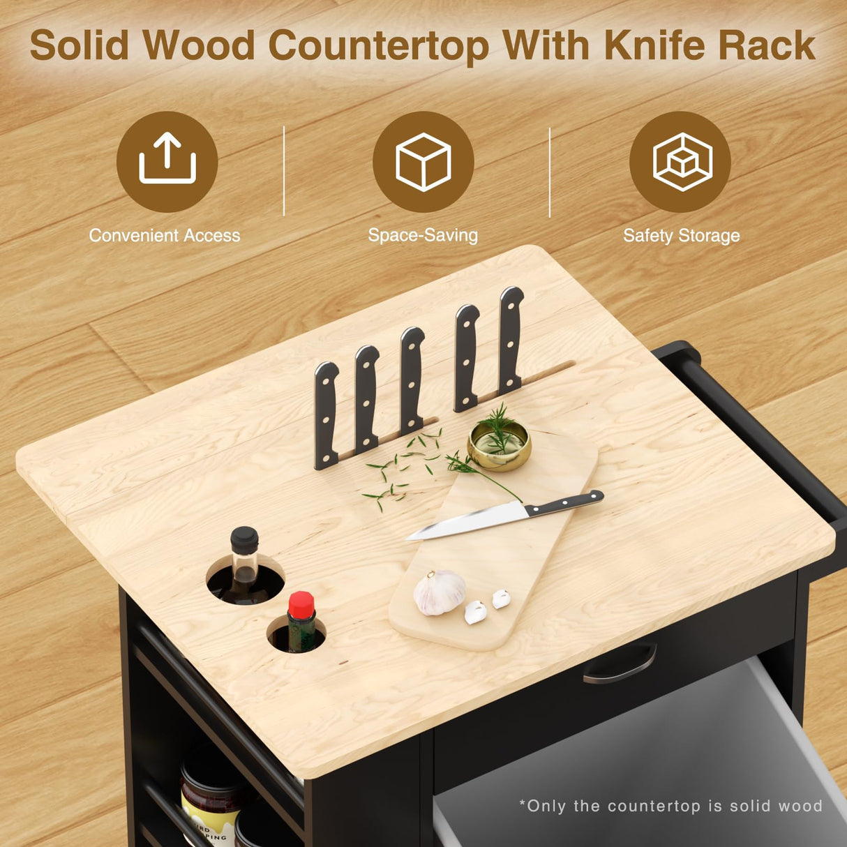 Rolling Mobile Kitchen Island with Drop Leaf, Portable Cart with Rubberwood Top, Spice Rack, and Drawers for Dining Room, Trash Cabinet Tilt Out 10 Gallon Storage, Black Vabches