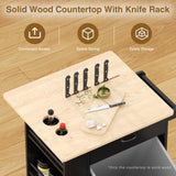 Rolling Mobile Kitchen Island with Drop Leaf, Portable Cart with Rubberwood Top, Spice Rack, and Drawers for Dining Room, Trash Cabinet Tilt Out 10 Gallon Storage, Black Vabches