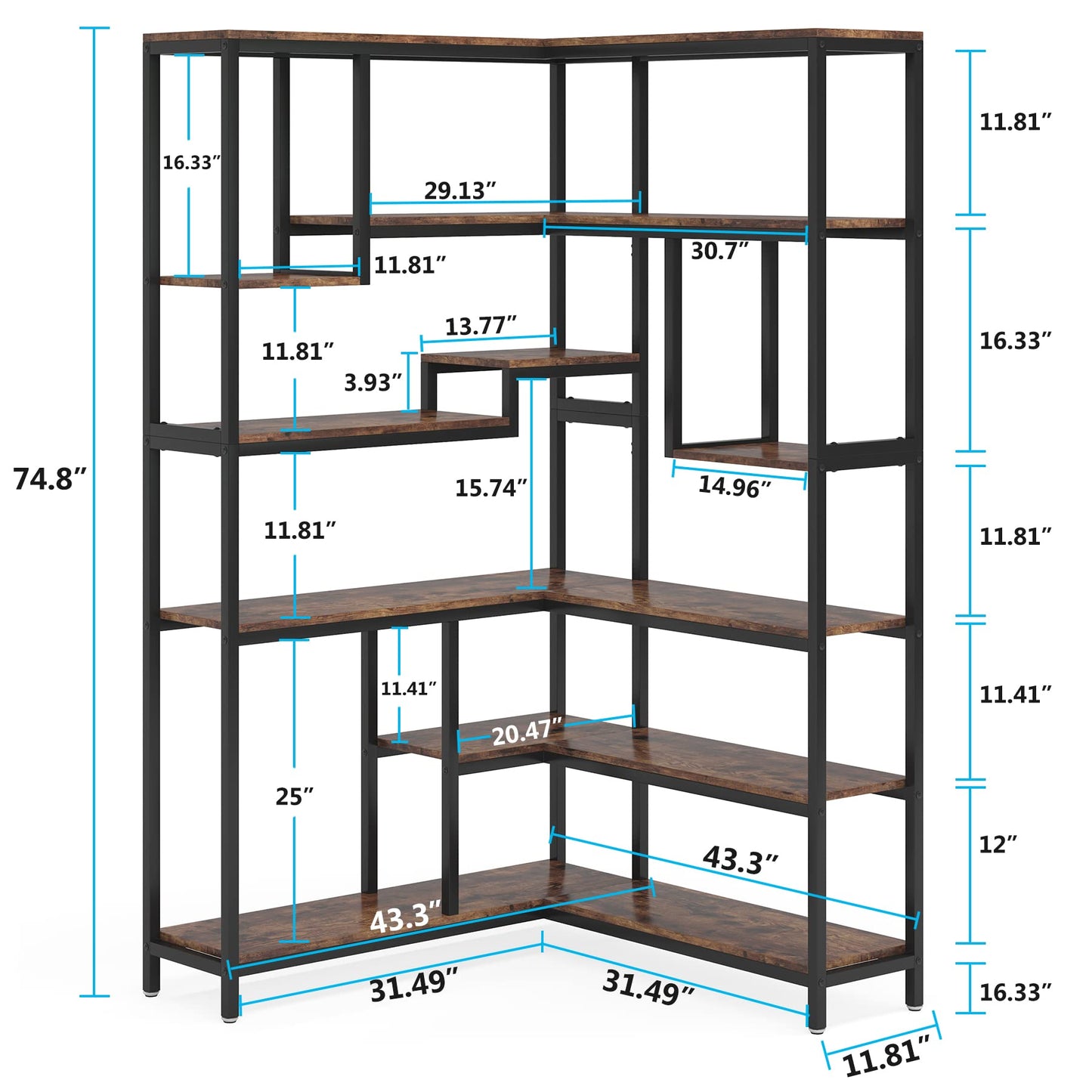 Tribesigns Rustic Brown 6-Tier Corner Bookshelf with Metal Frame - WoodArtSupply