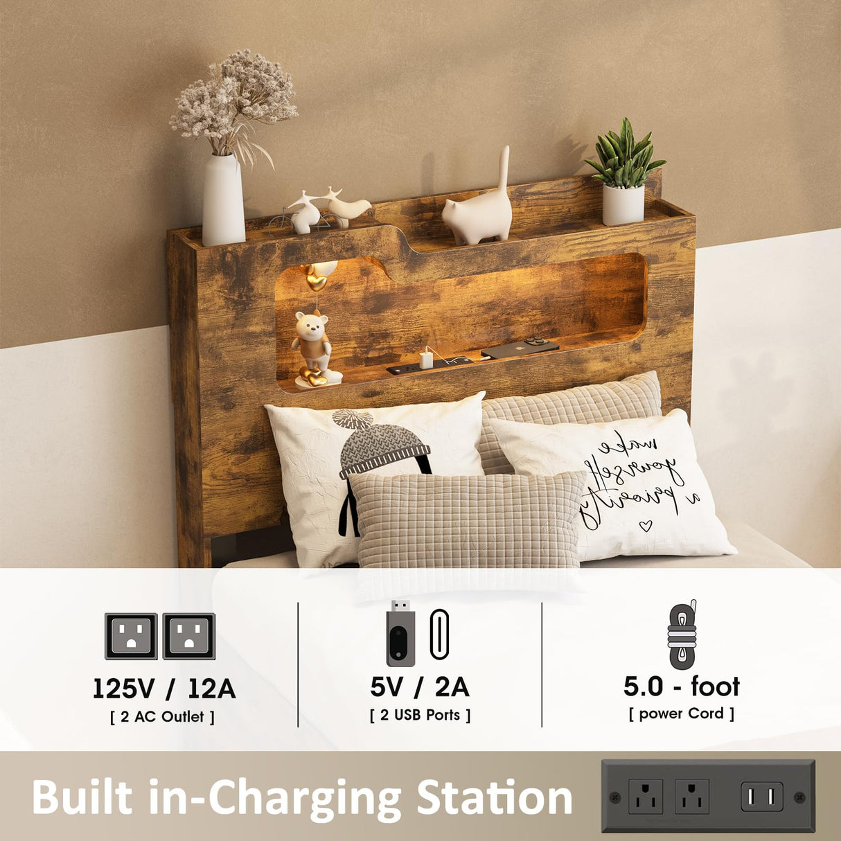 Fameill Twin Size Lift Up Storage Bed Frame, 2-Tier Headboard Wooden Platform Bed Frame with Lifting Storage & Charging Station, No Spring Box Needed/Noise Free Fameill