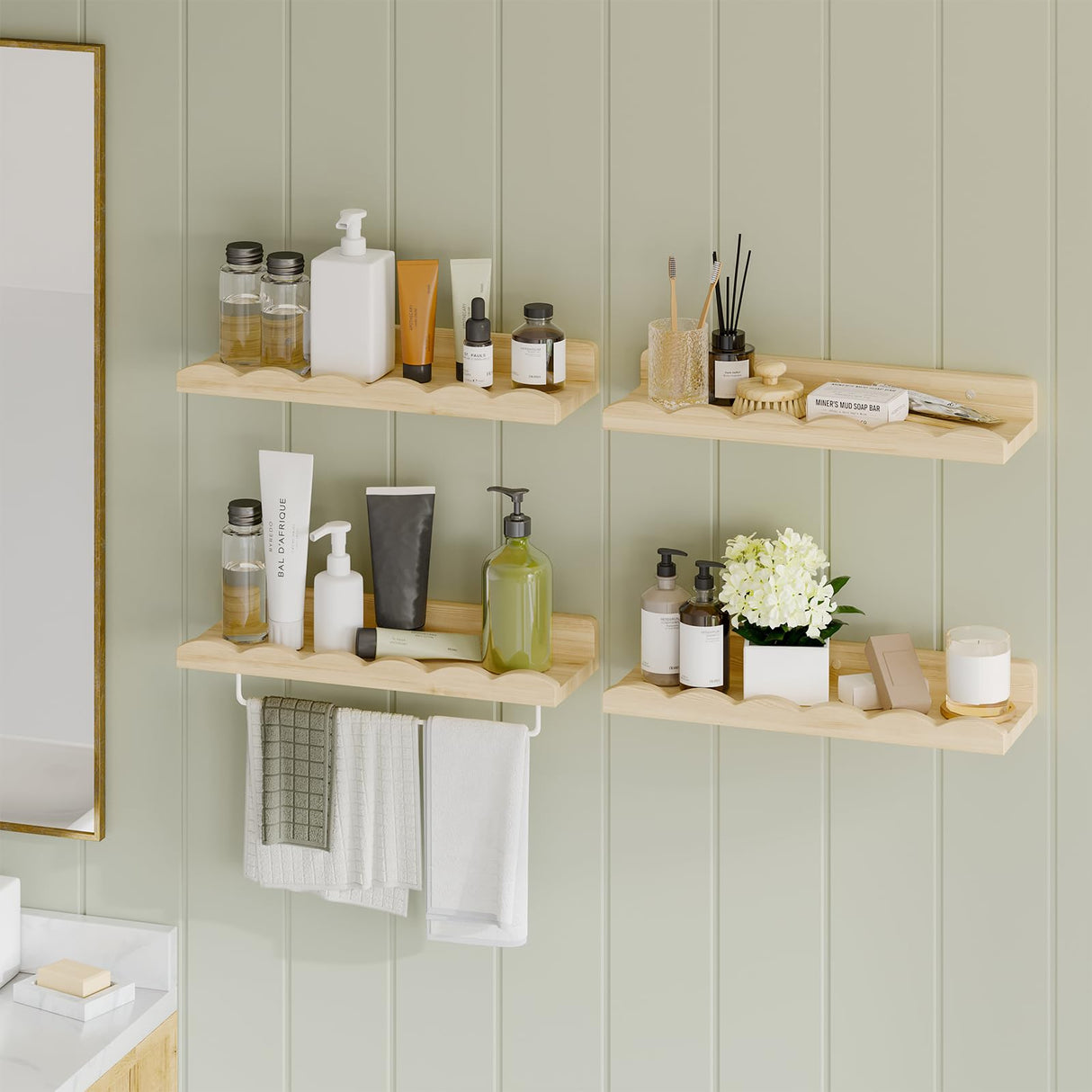 Fixwal Nursery Book Shelves, 16.5 Inch Floating Bookshelves for Wall Set of 4, Scalloped Wall Book Shelves with Towel Rack for Kids, Toddler Room, Baby Room, Nursery Decor and Storage(Natural Wood) Fixwal