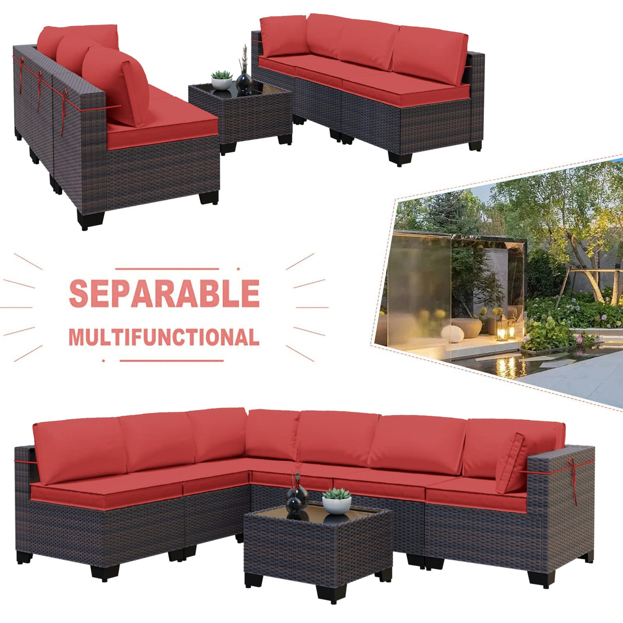 Kullavik 7 Pieces Outdoor Patio Furniture Set,Sectional Rattan Sofa Set Brown PE Rattan Wicker Patio Conversation Set with Tempered Glass Coffee Table and Washable Cushions Covers,Red Kullavik