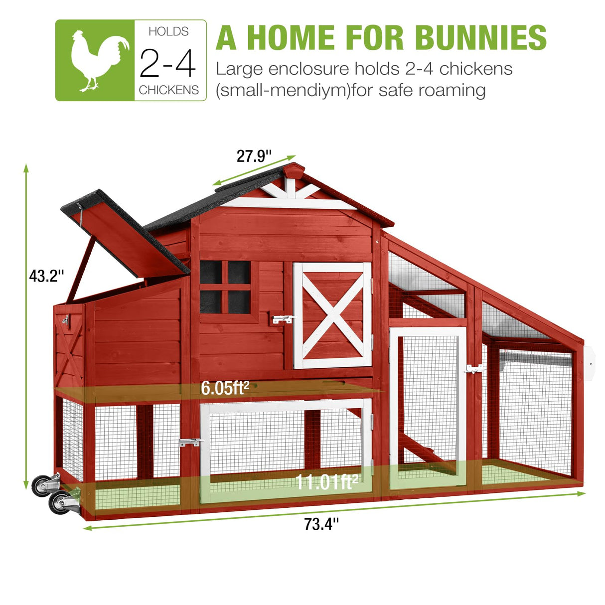 GUTINNEEN Chicken Coop Mobile Hen House with Nesting Box Outdoor Rabbit Hutch Poultry Cage 73.4" with Wheel for 2-4 Chickens, Red GUTINNEEN