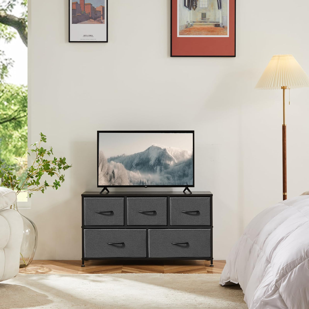 Sweetcrispy Dresser, Dresser for Bedroom Furniture, Storage Drawers, TV Stand Fabric Storage Tower with 5 Drawers, Chest of Drawers with Wooden Top for TV up to 45 inch, for Kids Room, Entryway Sweetcrispy