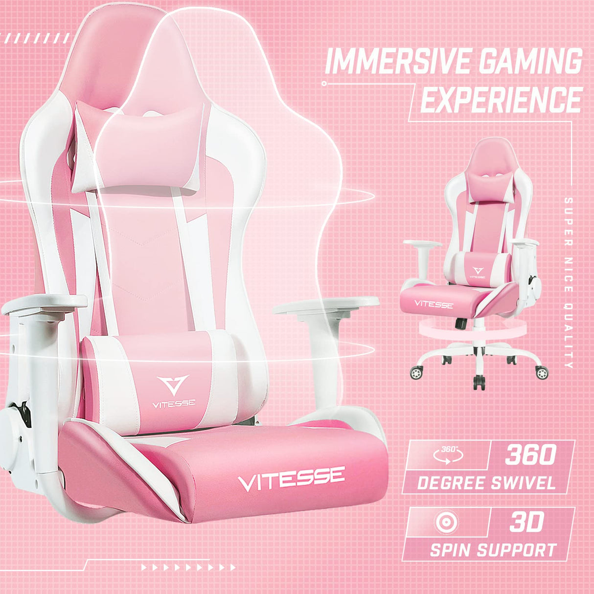 PUKAMI Pink Cute Kawaii Gaming Chair for Girl Ergonomic Desk Racing Office Adjustable High Back Game Swivel Leather Chair with Lumbar Support and Headrest WoodArtSupply