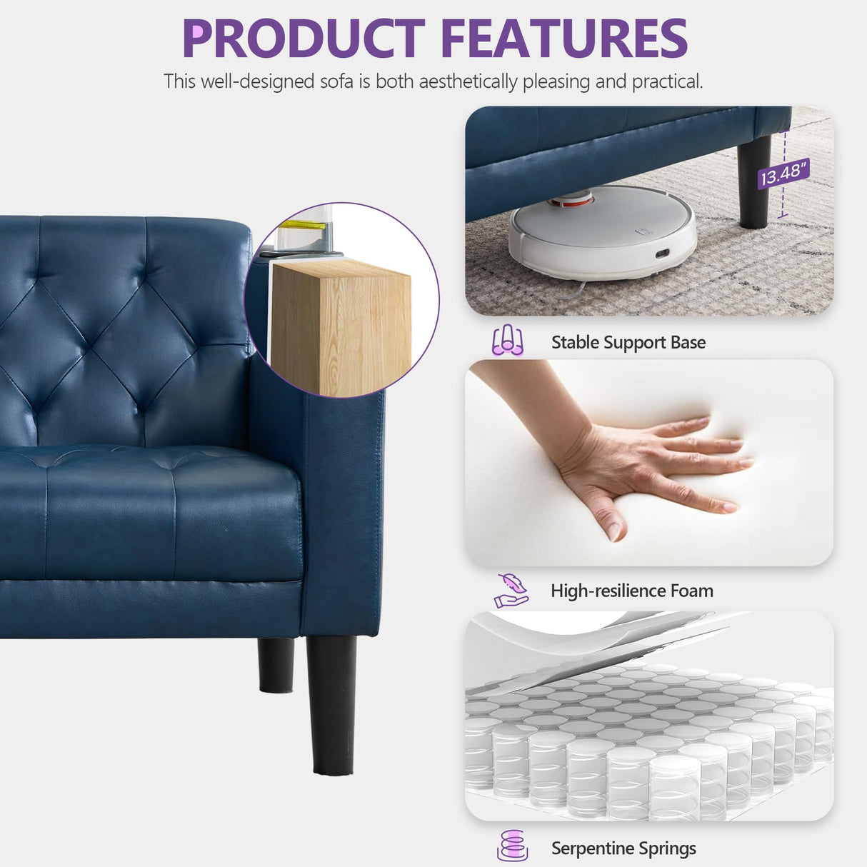 TYBOATLE 62" W Leather Loveseat w/ 2 USB and 2 Cupholders, Mid-Century Modern Tufted Small Love Seat Couches for Office, Living Room, Bedroom, Dorm (1, Blue) TYBOATLE