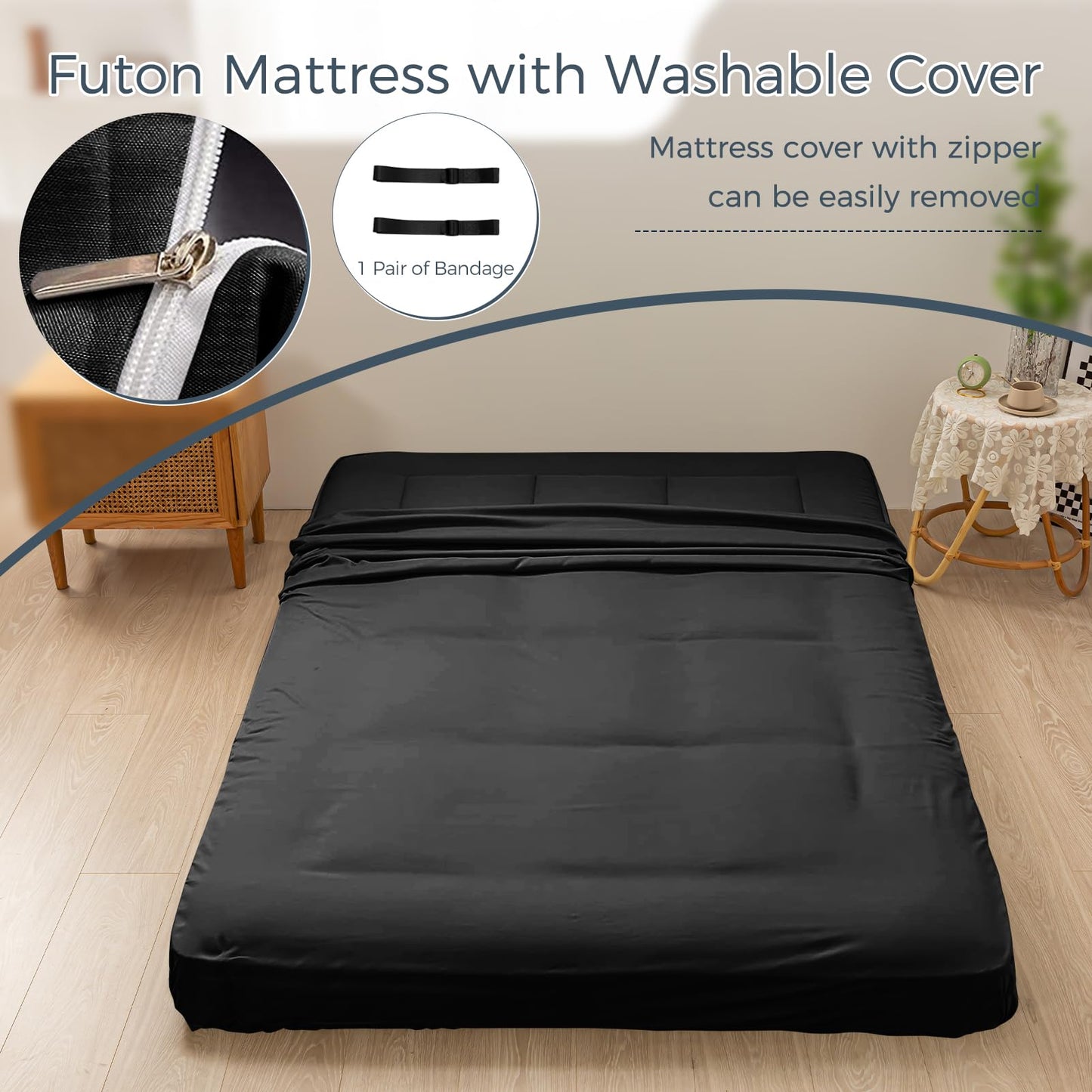 MAXYOYO 6" Extra Thick Floor Futon Mattress, Foldable Mattress Tatami Pad Floor Mattress for Adults Floor Bed Roll Up Mattress Guest Mattress, Black, Twin