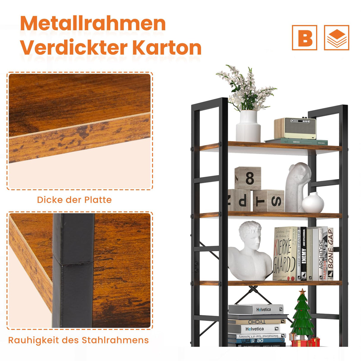 Sweetcrispy Book Shelf, 5 Tier Bookcase, Modern Tall Bookshelf Corner Storage Organizer for Garage Kit, CDs, Movies Suitable Home Office Bedroom, Kitchen, Living Room - Brown Sweetcrispy