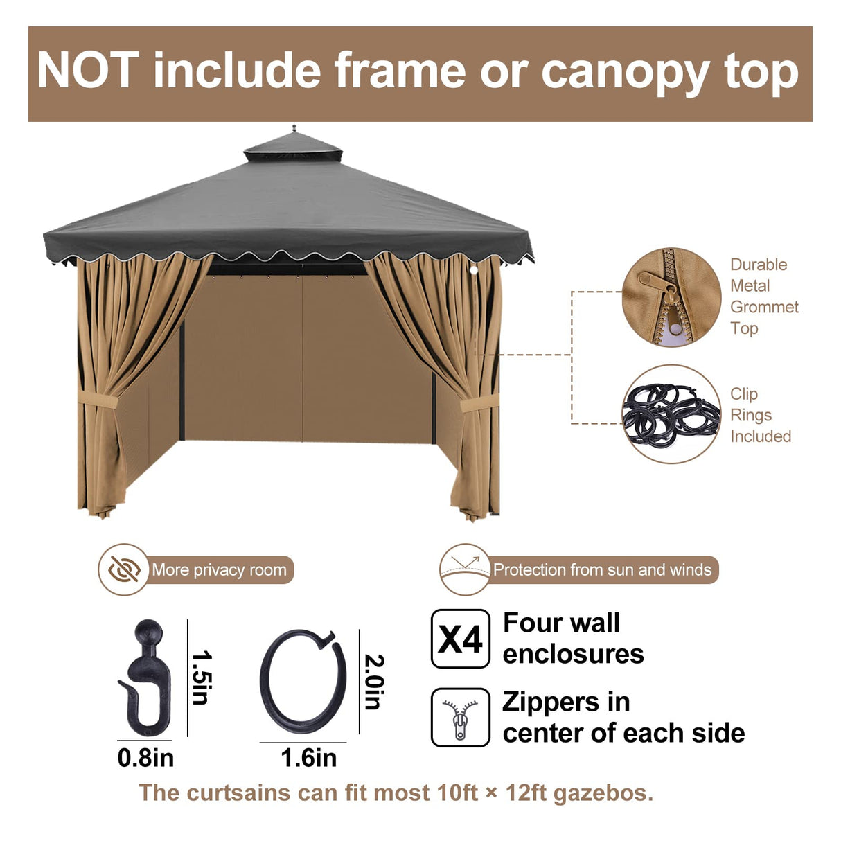 AONEAR Gazebo Privacy Curtains 10' x 12' with Zipper 4-Panels Side Wall Universal Replacement for Patio, Outdoor Canopy, Garden and Backyard (Curtain Only) aonear