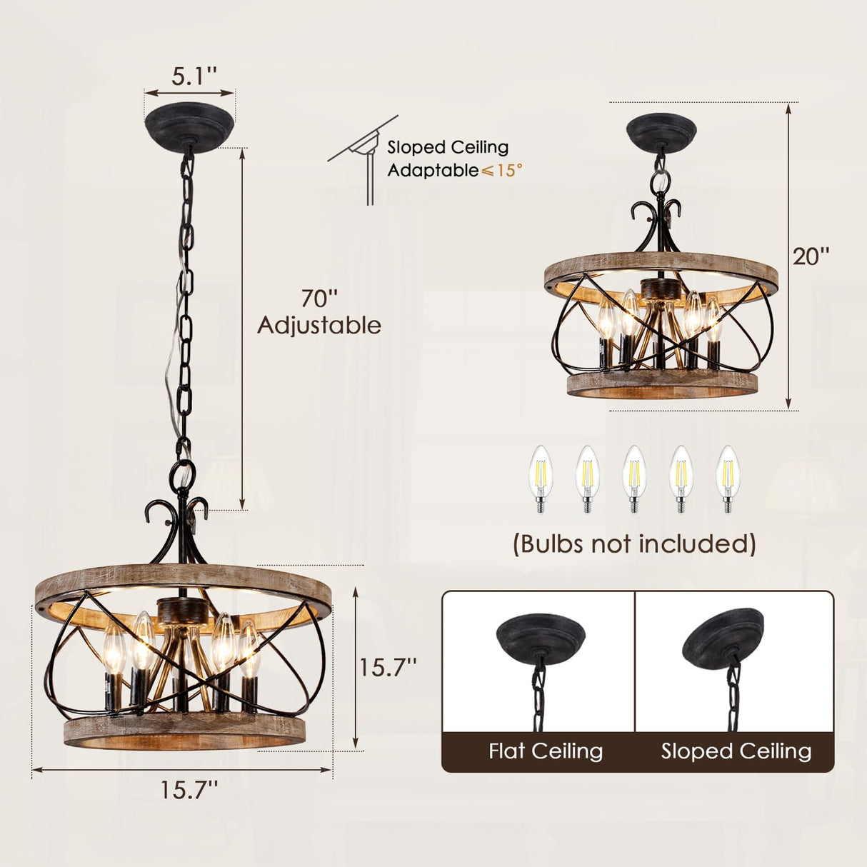 Curve Curio 15.7'' Farmhouse Chandelier, 5-Light Dining Room Light Fixture, French Country Rustic Chandelier for Entryway, Foyer, Bedroom, Living Room Curve Curio