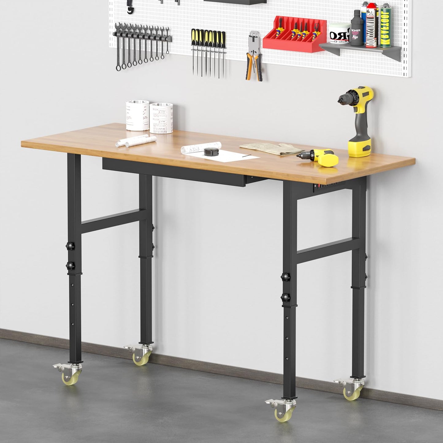 60" Adjustable Heavy Duty Work Bench with Drawers, Rubber Wood Top Workbench, Rolling Worktable with Power Outlet and Wheels, 2200 Lbs Capacity Hardwood Workstation for Garage, Workshop, Offi - WoodArtSupply