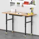 60" Adjustable Heavy Duty Work Bench with Drawers, Rubber Wood Top Workbench, Rolling Worktable with Power Outlet and Wheels, 2200 Lbs Capacity Hardwood Workstation for Garage, Workshop, Office, Home OAKANDO