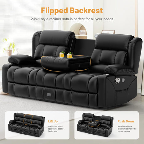 Dresegmt Loveseat Recliner Sofa, Flip Middle Backrest Design PU Leather 3 Seat Reclining Sofa with Storage Drawer, Manual Couch for Living Room/RV (Black, PU) Dresegmt