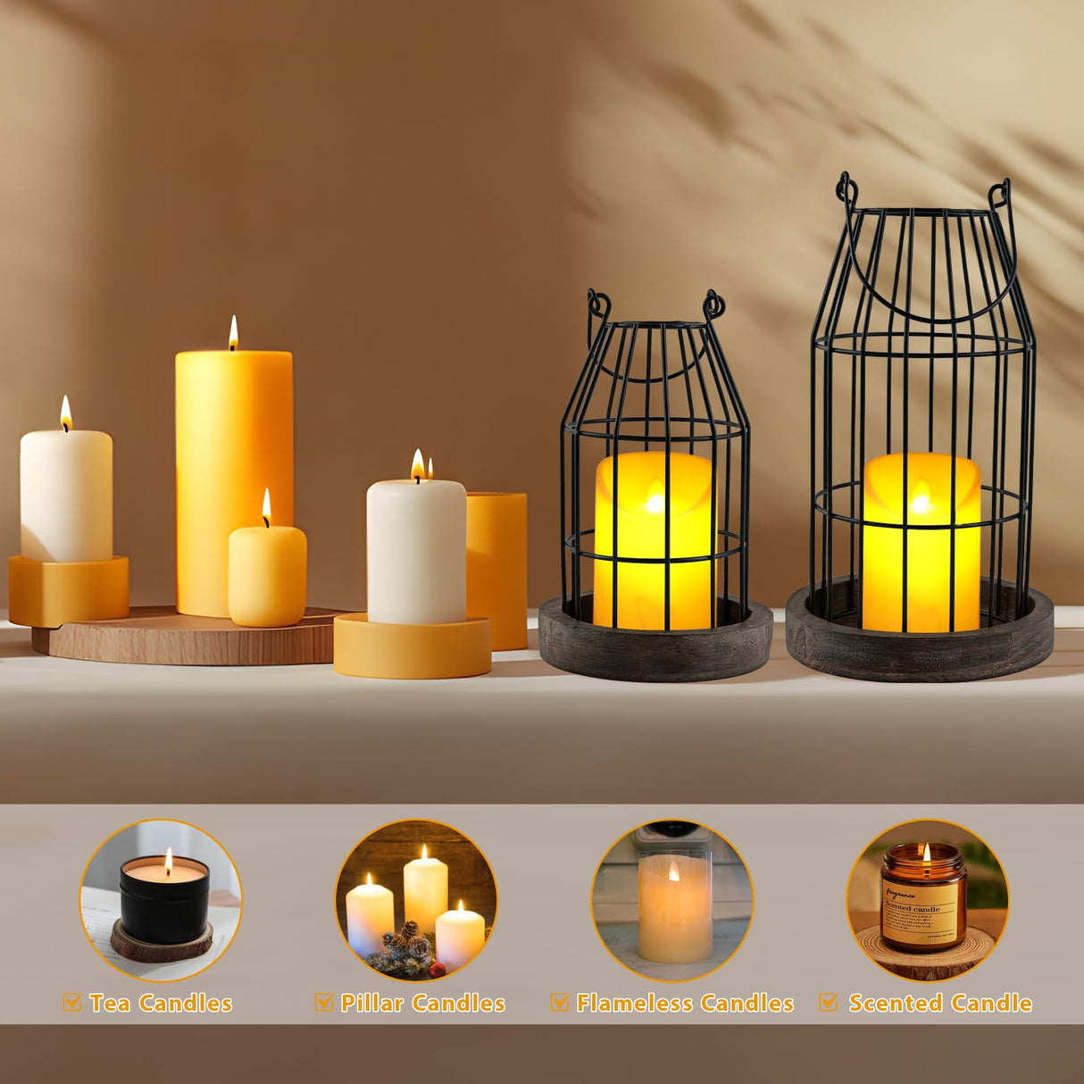 VIVIRENOIR Farmhouse Lantern Decor, Set of 2 Rustic Home Decor Lanterns with Flameless Candles, Wire Metal Cloche Decorative Candle Holders for Living Room Fireplace Mantel Dining Table Decor (Brown) VIVIRENOIR