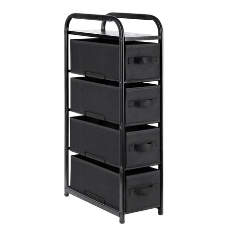 MAX Houser 4 Drawer Narrow Dresser Fabric Storage Tower Vertical Slim Storage Chest Organizer Nightstand Side/End Table Small Standing Organizer Removable Drawers Wood Top for Bedroom, Bathroom（Black) MAX Houser