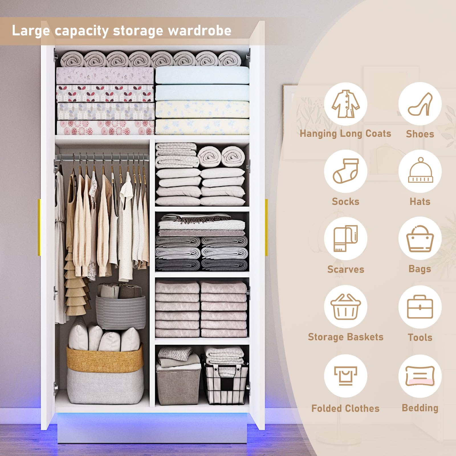 Hlivelood Modern 70in LED 2 Doors Armoires Wardrobe Closet&Cabinet with Hanging Rod, Freestanding Bedroom Armoires with RGB LED 6000-color Lights,Wardrobe Clothes Organizer (White-2 Door Armo - WoodArtSupply