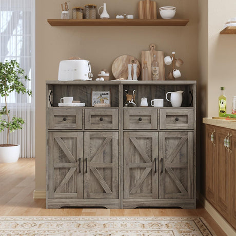 Farmhouse Storage Cabinet with Barn Doors and Open Shelf, Kitchen Pantry with Storage, Coffee Bar Station, Freestanding Cupboard Hutch Cabinet for Kitchen, Dinning Room, Livingroom, Grey FiveWillowise