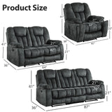 EBELLO 3 Pieces Recliner Sofa Furniture Set, Manual Recliner with Massage and Heat, Loveseat and Bonded 3 Seat Reclining Couch Set for Living Room, Green Grey EBELLO