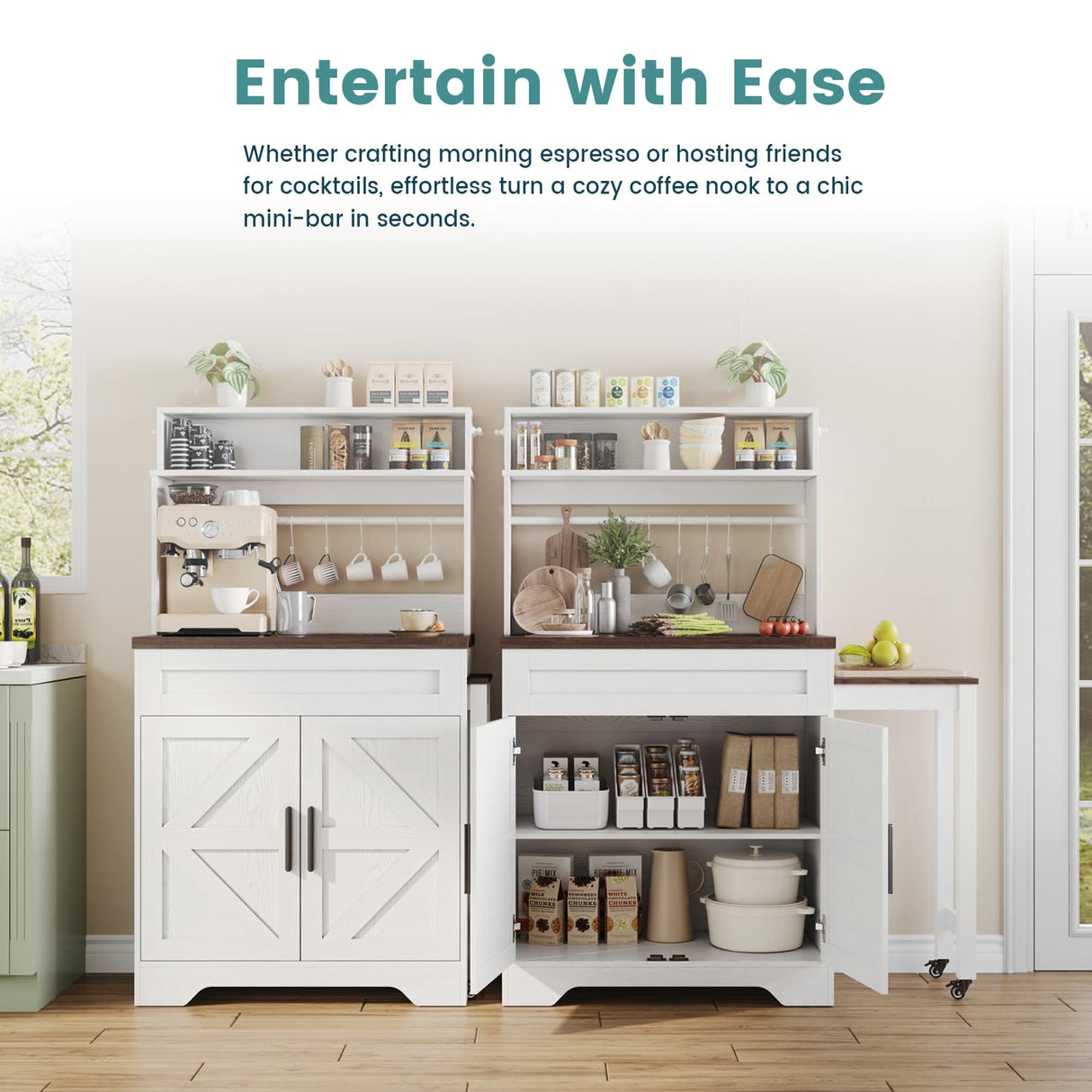 ANCTOR Coffee Bars Farmhouse Cabinet with Hutch, 56.7'' Extendable Kitchen Buffet Sideboard with 5 Hooks, Magnetic Note Zone Adjustable Shelves, White Wine Cabinet for Dining Room ANCTOR