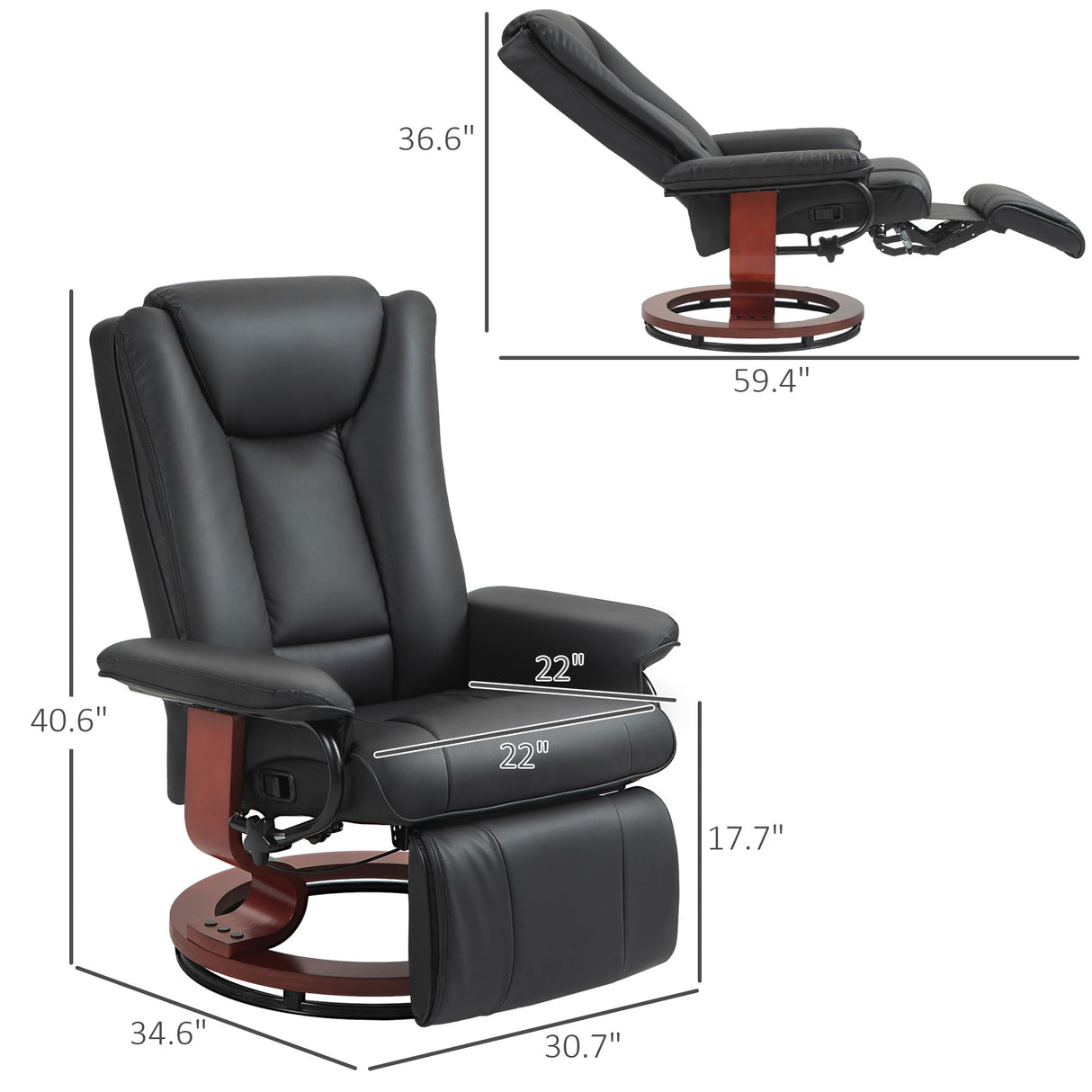 HOMCOM Manual Swivel Recliner Chair, PU Leather Reclining Chair with Footrest for Living Room, Black HOMCOM