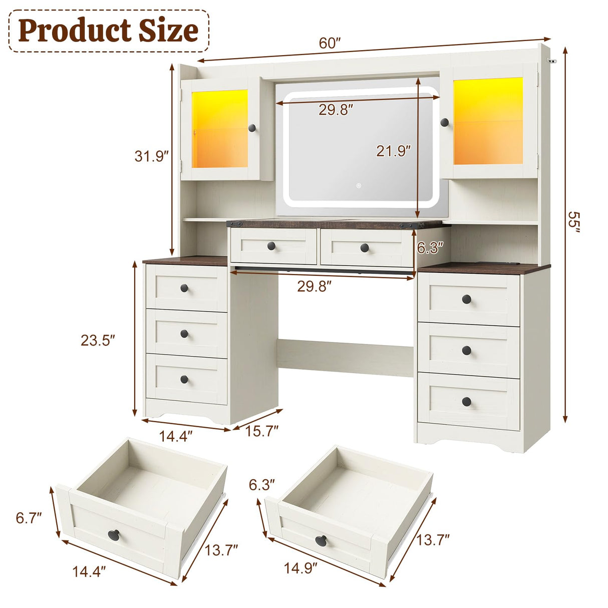 jiteentarou 60" Large Farmhouse Vanity Desk with LED Mirror, Lights and Charging Station, Glass Top Makeup Vanity Table w/8 Drawers, LED Glass Storage Cabinet, Dressing Table for Bedroom, Rustic White jiteentarou